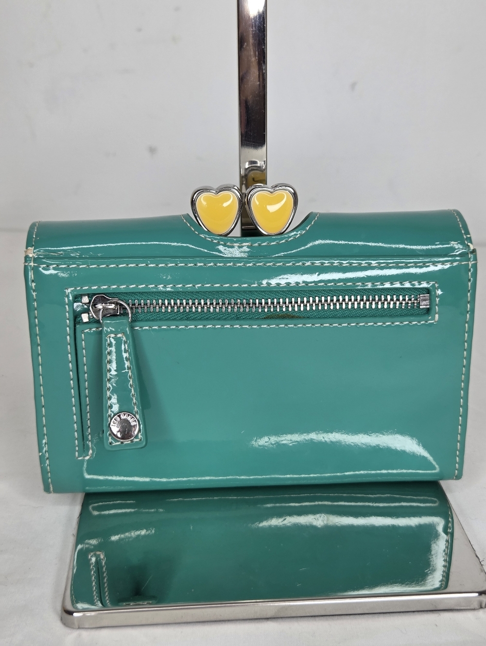 Ted Baker Turquoise Patent Leather Zip Wallet withSilver Accents/Floral Interior - Picture 2 of 14